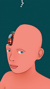 Human head rotating to reveal a complex mechanical brain with gears, pipes, and cogs in motion. The mechanism culminates in the release of a glowing lightbulb, symbolizing the birth of an idea.
