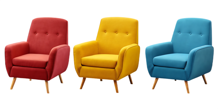 Red Yellow and Blue Armchairs Arranged on Background furniture interior isolated on a transparent background