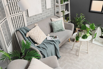 Interior of living room with grey sofa and green plants