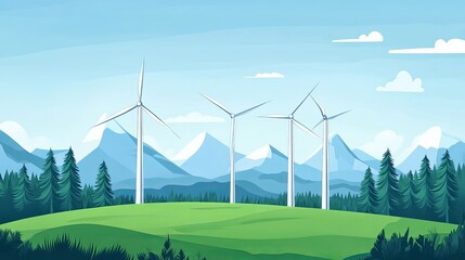 Wind turbines on a hilltop, mountains in the background