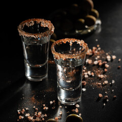 Craft cocktails with rimmed glasses and salt scattered on a dark surface showcase a stylish drinking experience