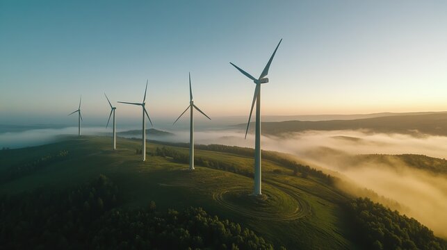 Wind turbines atop a rolling hill, shrouded in morning mist