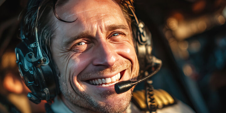 Smiling male pilot enjoys a successful flight in the cockpit
