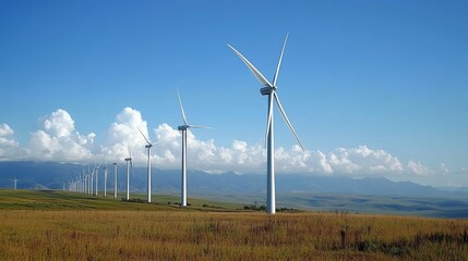 Wind turbines on a grassy plain under a clear blue sky (1)