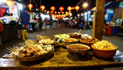 Fototapeta premium Asian Night Market with Local Street Food and Lanterns