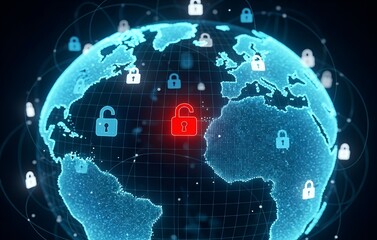 Global cybersecurity network with digital locks and red hotspot