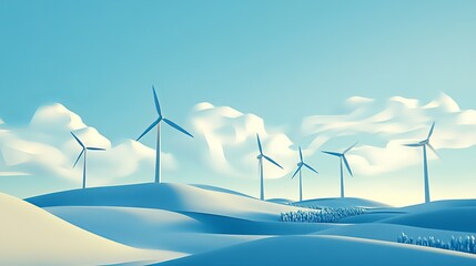 Pastel winter landscape with wind turbines