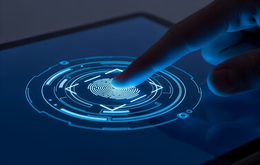 Fingerprint scan on futuristic blue digital interface