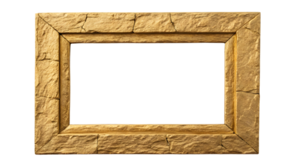 Golden yellow limestone frame with weathered texture and natural cracks in rectangular formation, isolated on a transparent background