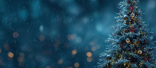A snowy Christmas tree in a dreamy, dark blue winter scene