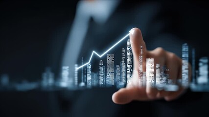 Hand touching a graph over a city skyline - Powered by Adobe