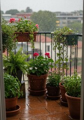 Fototapeta premium Balcony garden in rain