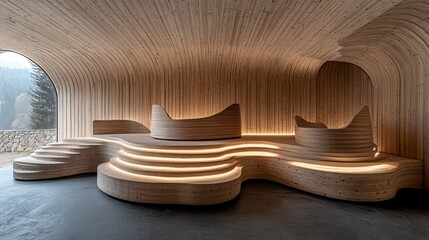 Wooden, curved seating area with lighting, overlooking nature