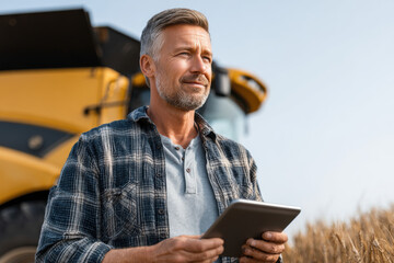 innovative farmer confidently analyzes crop predictions on tablet surrounded by cuttingedge equipment