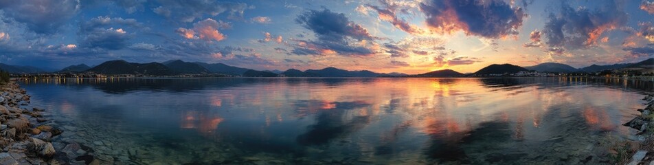 Naklejka premium Panoramic sunset over a calm lake with reflections, mountains in the background
