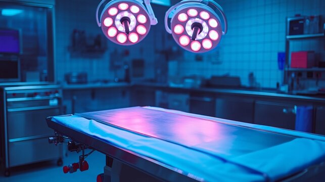 Sterile operating room table under bright surgical lighting