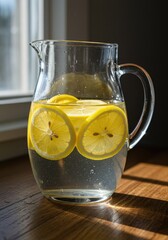 Clear glass pitcher filled with water and lemon slices, sunlight