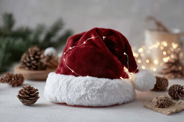 festive santa hat with ar effects of sparkling lights sits elegantly on table