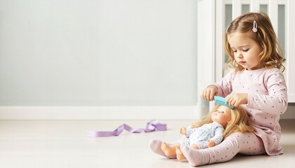 Young girl combing doll’s hair while sitting on floor indoors  