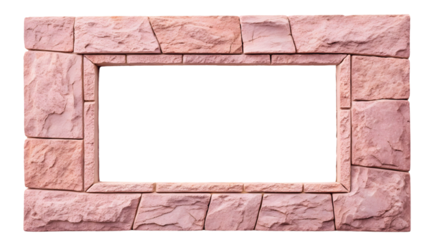 Pink coral colored stone blocks forming rectangular frame with rough natural texture and weathering, isolated on a transparent background