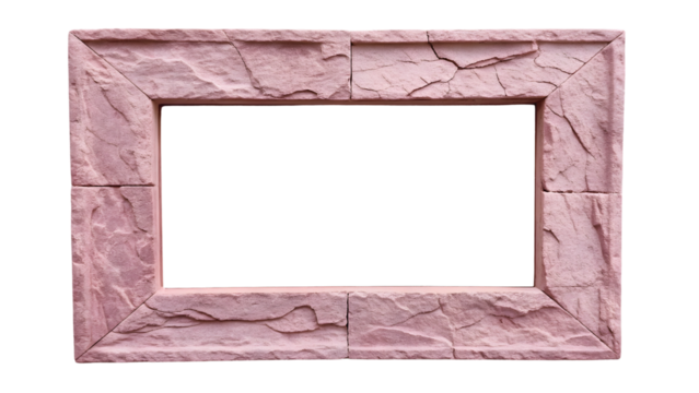 Rose pink stone rectangular frame with natural weathering patterns and rough textured masonry surface, isolated on a transparent background