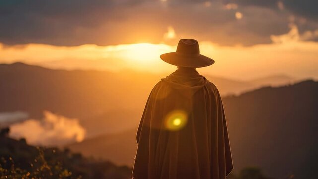 Person in a poncho at sunset over mountains