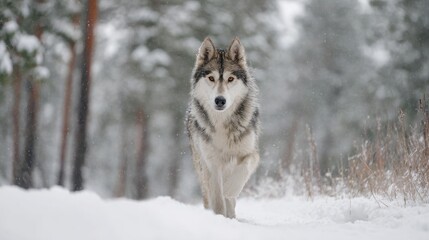 Naklejka premium Wolf Walking Through Snowy Forest Landscape. Majestic Wildlife In Winter Habitat