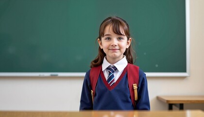Young girl standing in school uniform near chalkboard
