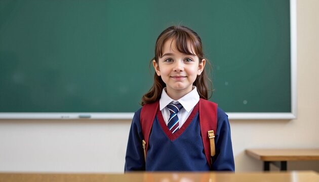 Young girl standing in school uniform near chalkboard  