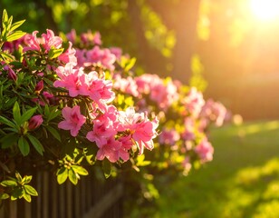 Fototapeta premium Pink azaleas in a garden bathed in sunlight