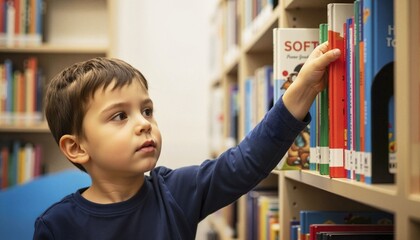 Young boy selecting book from shelf in library with focus  