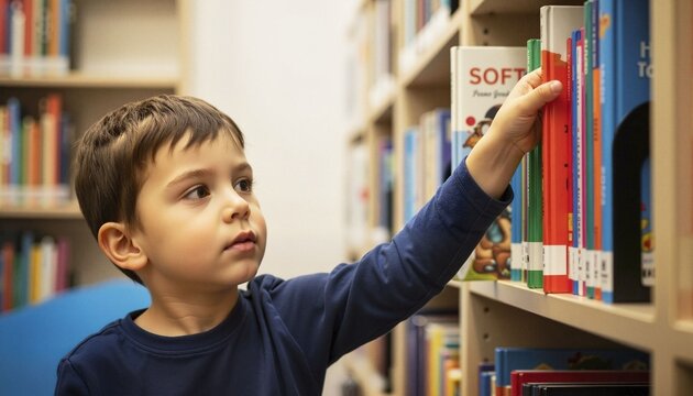 Young boy selecting book from shelf in library with focus  