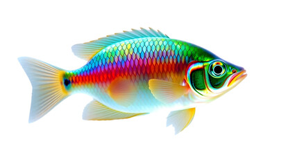 A vibrant fish with rainbow scales and green eyes swimming against a black background in profile view