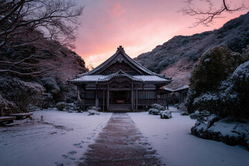 snowcovered path leads to stunning temple bathed in warm glow of ultrabright sunset