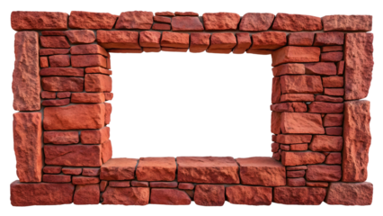 Red brick stone frame with rustic weathered texture forming rectangular border with empty center space, isolated on a transparent background