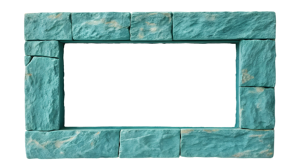 Turquoise blue stone frame with natural mineral veining and rough hewn texture forming rectangular border, isolated on a transparent background