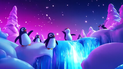 Penguins on a winter waterfall