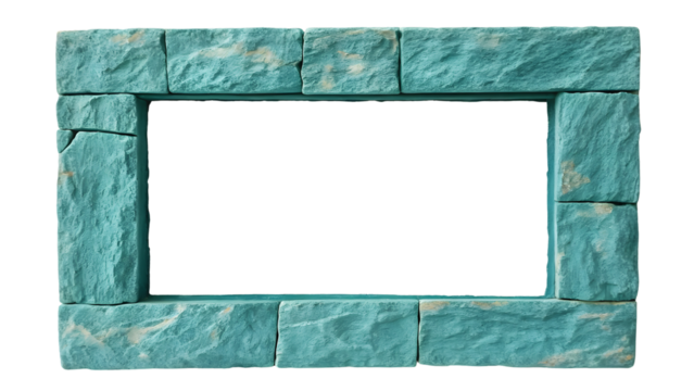 Turquoise blue stone frame with natural mineral veining and rough hewn texture forming rectangular border, isolated on a transparent background