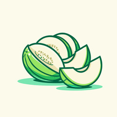 Stylized green melon halves and slices with visible seeds.