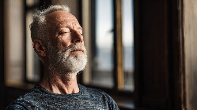 Serene senior man with gray beard finds peace meditating by sunlit window, embracing tranquility