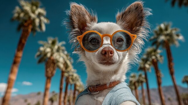Chihuahua wearing sunglasses taking a selfie on the beach