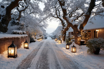 snowy road illuminated by warm lights and festive signs creates magical winter landscape at dusk