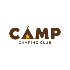 Camping club logo with tent and fire outdoor adventure emblem nature recreation design © azad