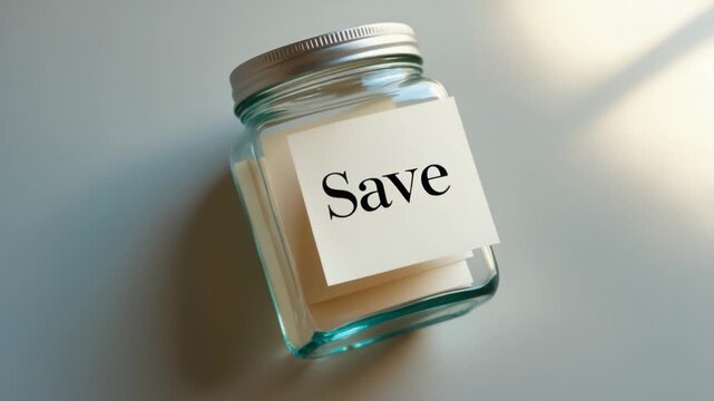 Glass Jar with "Save" Note on Sunlit Workspace