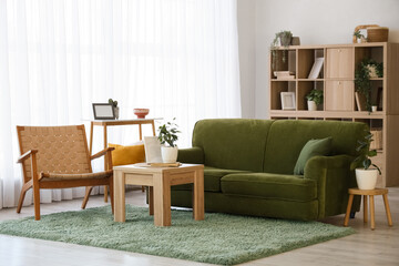 Interior of living room with green sofa, armchair and plants