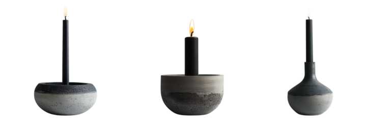 Minimalist Concrete Candle Holders with Black Taper Candles Isolated on Transparent Background