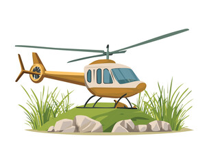 Medium Utility Helicopter in Olive Green Color Landing Gently on a Rocky Terrain Surrounded by Dry Grass and Bushes	