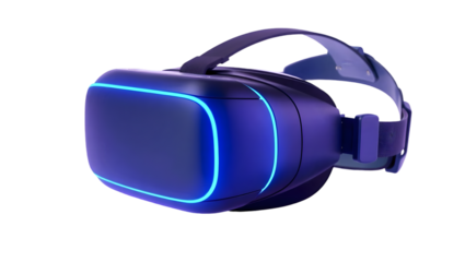 A close up shot of a virtual reality headset with blue neon lights on a black background surface