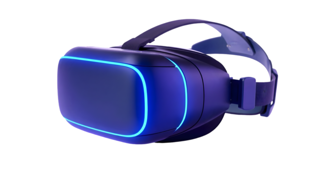 A close up shot of a virtual reality headset with blue neon lights on a black background surface