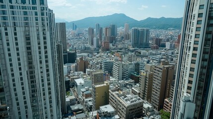 High-angle view of a densely populated city, with modern and older buildings, a distant mountain range, and a network of streets